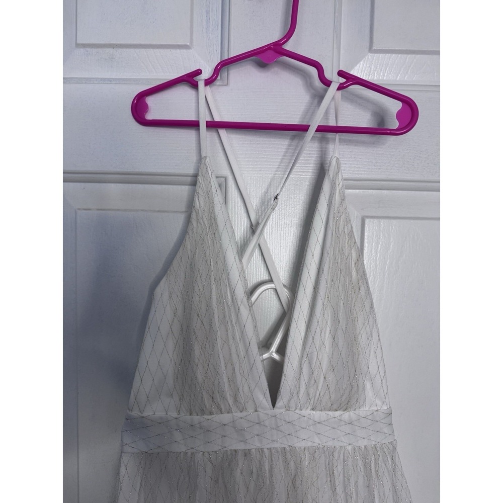 White S Metallic Grid Sparkle Deep V Neck Maxi Gown Fairy Wedding 1920s Art Deco